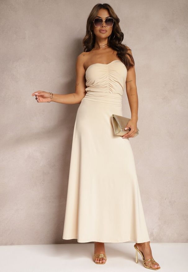 Renee - Beżowa Rozkloszowana Spódnica High Waist z Marszczeniem w Pasie Nolisea. Stan: podwyższony. Kolor: beżowy. Materiał: tkanina