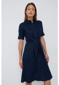 Lauren Ralph Lauren sukienka lniana kolor granatowy midi rozkloszowana. Kolor: niebieski. Materiał: len. Długość rękawa: krótki rękaw. Typ sukienki: rozkloszowane. Długość: midi