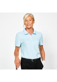 INESIS - Koszulka polo do golfa damska z krótkim rękawem Inesis MW500. Typ kołnierza: golf, polo. Kolor: niebieski. Materiał: bawełna, materiał, poliester. Długość rękawa: krótki rękaw. Długość: krótkie. Wzór: ze splotem. Styl: klasyczny