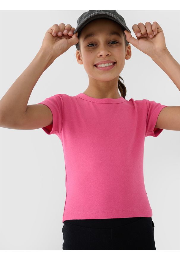 4f - 4F T-shirt slim crop top gładki dziewczęcy - różowy 164 (13-14 lat). Okazja: na co dzień. Kolor: różowy. Materiał: dzianina, materiał, bawełna, elastan. Długość rękawa: krótki rękaw. Długość: krótkie. Wzór: gładki. Sezon: lato. Styl: sportowy, casual