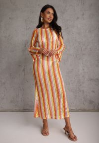 Renee - Pomarańczowa Sukienka Dopasowana w Stylu Boho z Plecionego Materiału w Paski Nasehle. Okazja: na co dzień, na plażę. Kolor: pomarańczowy. Materiał: materiał. Długość rękawa: długi rękaw. Wzór: paski. Typ sukienki: dopasowane. Styl: boho #6