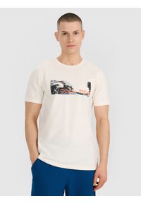 4f - 4F T-shirt regular z nadrukiem męski - biały S. Okazja: na co dzień. Kolor: biały. Materiał: dzianina, bawełna, jersey. Długość rękawa: krótki rękaw. Długość: krótkie. Wzór: nadruk. Styl: klasyczny, sportowy, casual