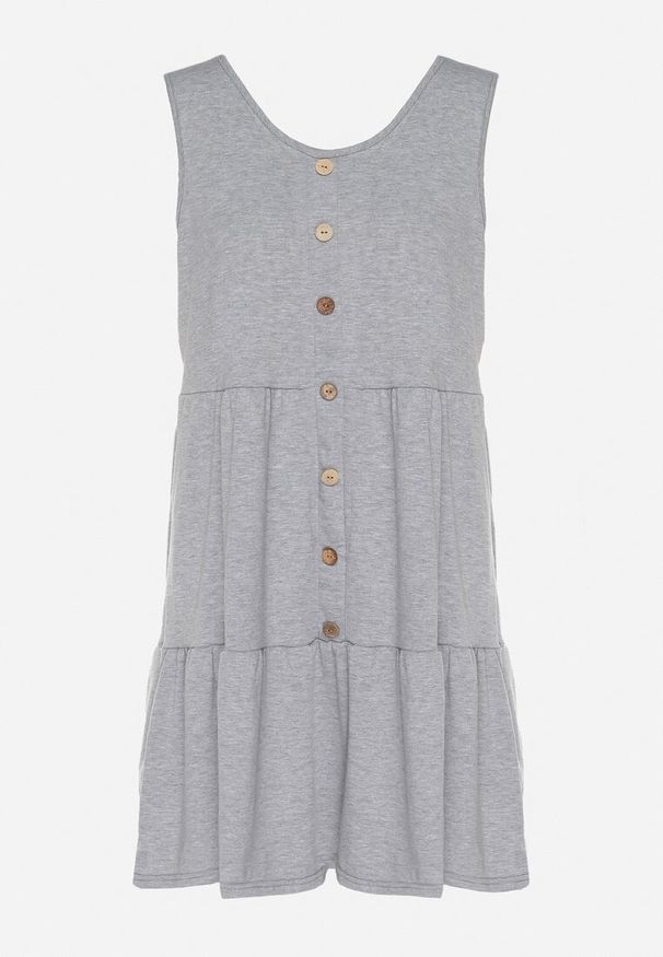 Born2be - Szara Sukienka o Rozkloszowanym Kroju na Szerokich Ramiączkach z Guzikami Saniella. Okazja: na co dzień. Kolor: szary. Długość rękawa: na ramiączkach. Typ sukienki: rozkloszowane. Styl: casual, elegancki, klasyczny