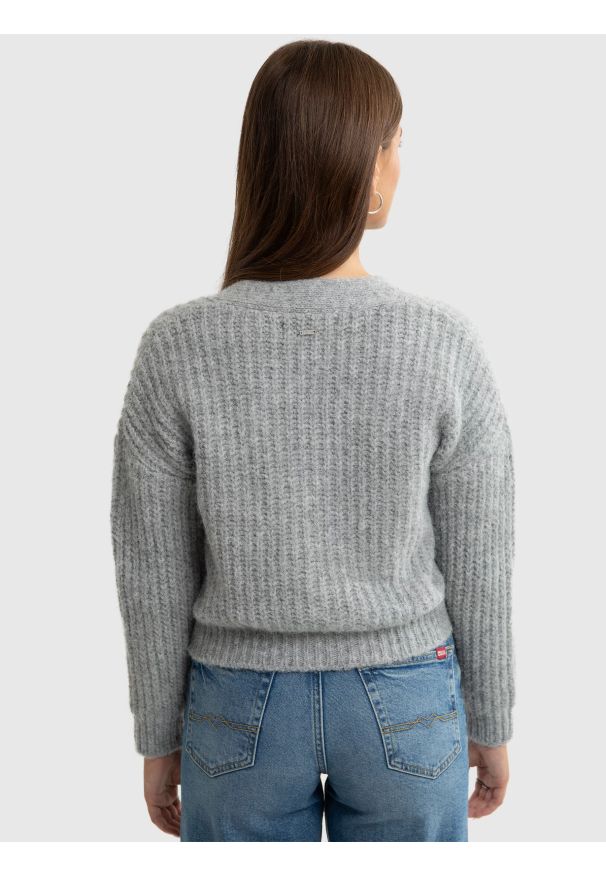Big-Star - Sweter dziewczęcy kardigan z dodatkiem wełny szary Karda 901. Okazja: na co dzień. Kolor: szary. Materiał: wełna. Wzór: ze splotem. Styl: vintage, casual, elegancki