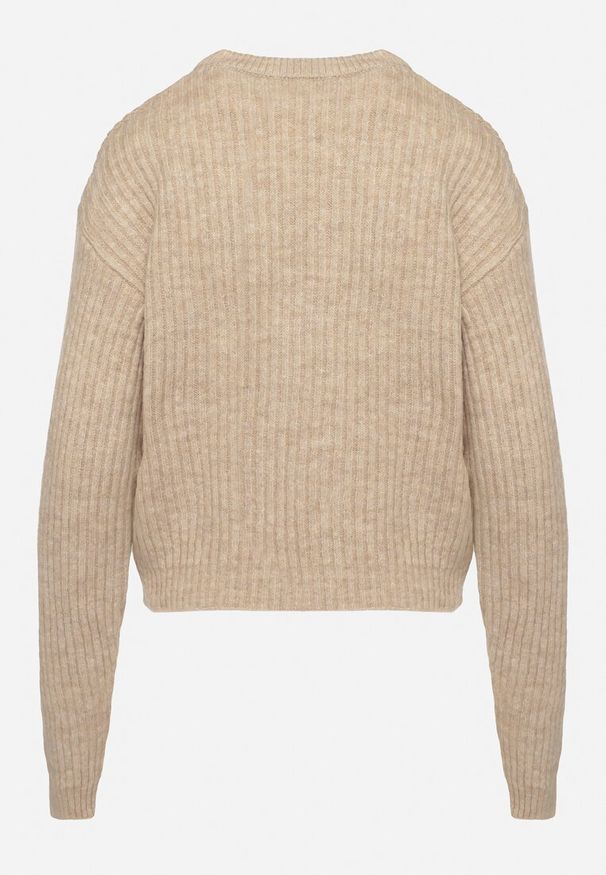 Born2be - Beżowy Sweter o Pudełkowym Kroju z Prążkowanym Tłoczeniem Omelis. Okazja: na co dzień. Kolor: beżowy. Materiał: prążkowany. Długość rękawa: długi rękaw. Długość: długie. Styl: elegancki, casual