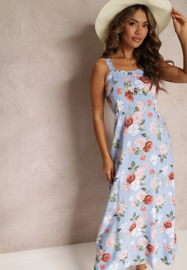Renee - Niebieska Sukienka Maxi w Kwiaty z Rozkloszowanym Dołem na Ramiączkach Aletaina. Kolor: niebieski. Długość rękawa: na ramiączkach. Wzór: kwiaty. Sezon: lato, wiosna. Długość: maxi
