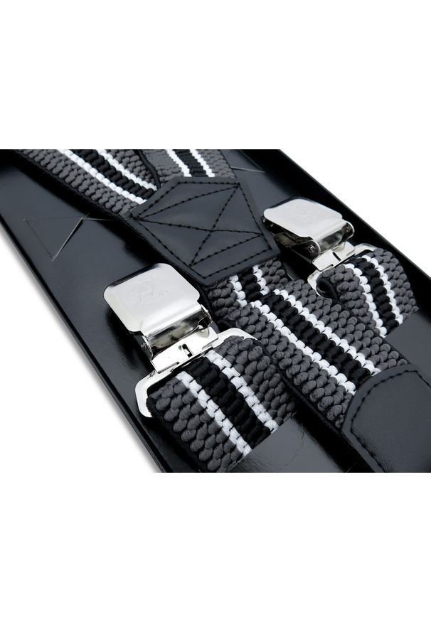 Modini - Szerokie szelki męskie do spodni - szare z paskiem SZ136. Kolor: szary. Materiał: skóra, guma