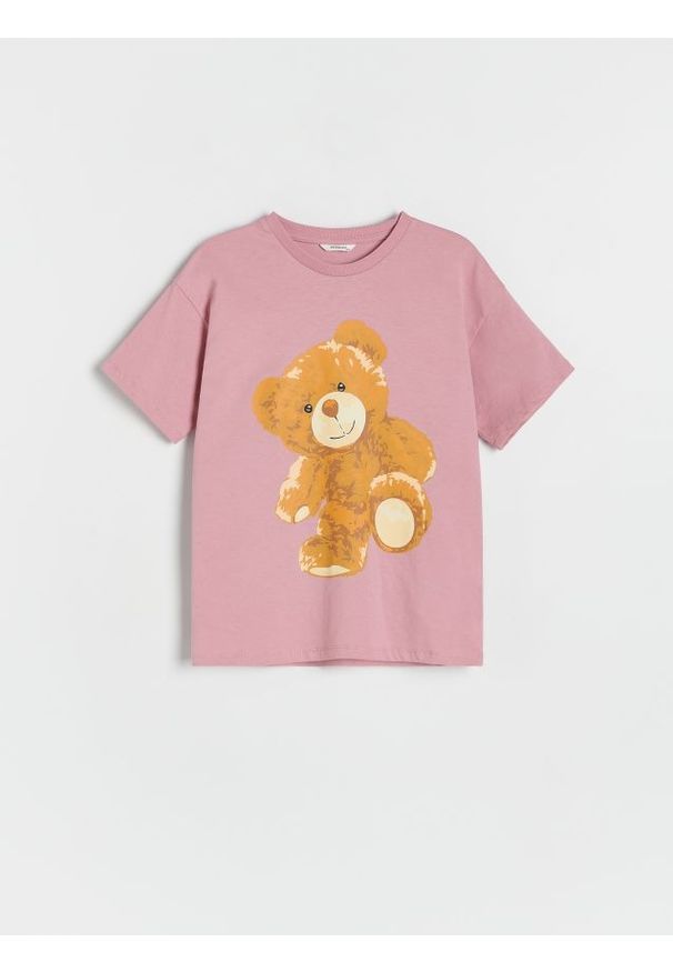 Reserved - Bawełniany t-shirt z nadrukiem - pastelowy róż. Kolor: różowy. Materiał: bawełna. Wzór: nadruk