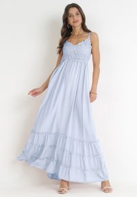 Born2be - Niebieska Sukienka Maxi na Ramiączkach z Koronkowymi Wstawkami i Falbankami Lemera. Typ kołnierza: kołnierz z falbankami. Kolor: niebieski. Materiał: koronka. Długość rękawa: na ramiączkach. Wzór: aplikacja, koronka. Sezon: wiosna, lato. Długość: maxi #1
