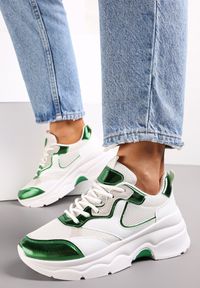 Renee - Biało-Zielone Sneakersy na Grubej Podeszwie ze Wstawkami z Perforacją Lanya. Kolor: biały #4