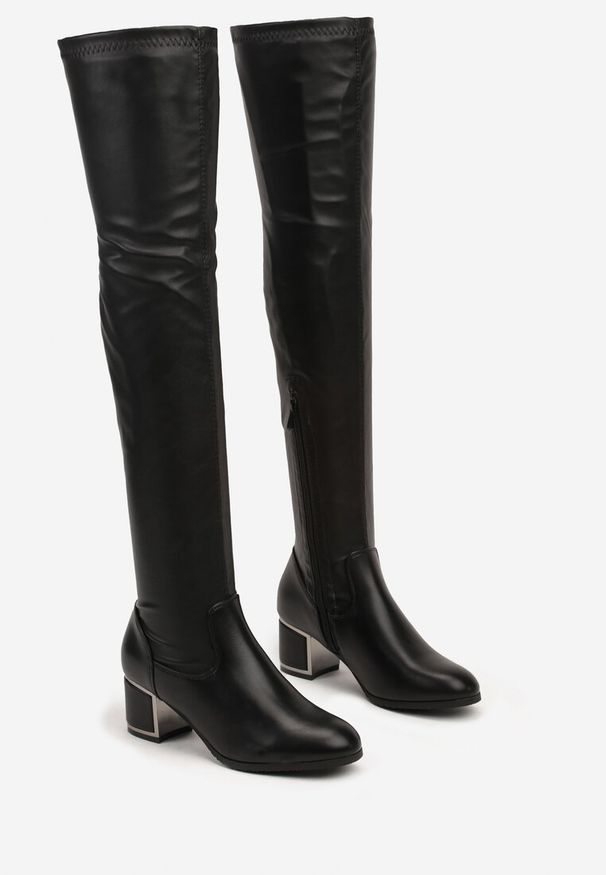 Born2be - Czarne Ocieplane Kozaki na Obcasie z Dopasowaną Cholewką Lindria. Okazja: na co dzień. Kolor: czarny. Materiał: jeans. Szerokość cholewki: normalna. Obcas: na obcasie. Styl: elegancki, casual. Wysokość obcasa: średni