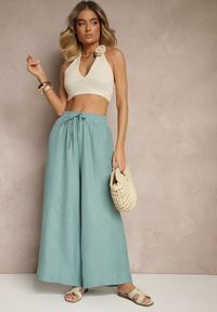 Renee - Miętowe Szerokie Spodnie High Waist Ozdobione Wiązaniem Telonia. Okazja: na co dzień. Stan: podwyższony. Kolor: zielony. Wzór: aplikacja. Styl: casual, elegancki