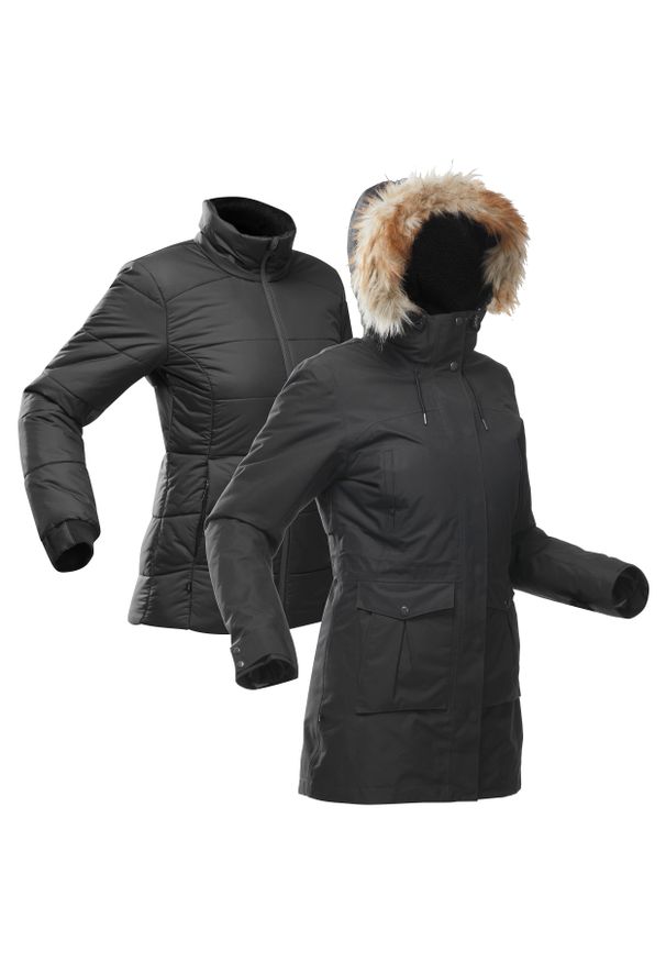 FORCLAZ - Kurtka turystyczna damska 3w1 Forclaz Travel 900 Warm -15° wodoodporna. Kolor: czarny. Materiał: materiał, poliester, tkanina, futro. Sezon: zima. Sport: turystyka piesza