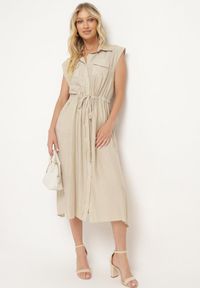 Born2be - Beżowa Wiskozowa Sukienka o Koszulowym Kroju z Paskiem w Talii Mareviana. Kolor: beżowy. Materiał: wiskoza. Typ sukienki: koszulowe. Styl: klasyczny #4