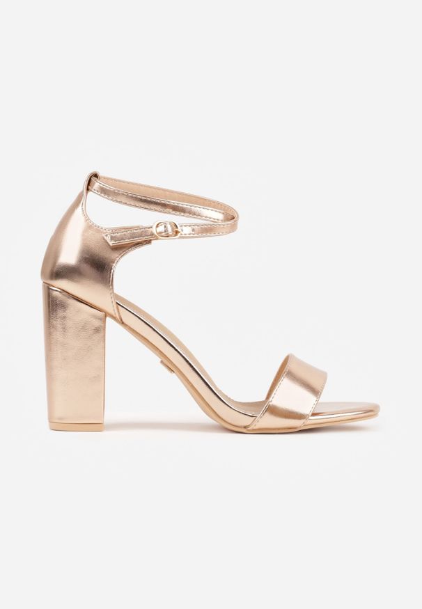 Renee - Szampańskie Sandały na Słupku VICES ze Skórzaną Wkładką i Paskami Wokół Kostki Syneilla. Zapięcie: pasek. Kolor: złoty. Materiał: skóra. Wzór: paski. Obcas: na słupku