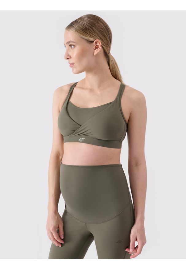 4f - 4F Biustonosz ciążowy treningowy ułatwiający karmienie damski - khaki XS. Kolekcja: moda ciążowa. Kolor: oliwkowy, brązowy, wielokolorowy. Materiał: dzianina, guma, włókno, syntetyk, materiał, tkanina, elastan. Rodzaj stanika: wyciągane miseczki. Wzór: gładki, ze splotem, jednolity. Sport: joga i pilates, fitness