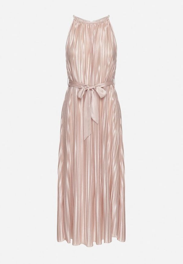 Born2be - Beżowa Plisowana Sukienka na Cienkich Ramiączkach Wiązana w Talii Virsea. Okazja: na wesele, na studniówkę, na co dzień, na ślub cywilny. Kolor: beżowy. Materiał: jeans. Długość rękawa: na ramiączkach. Styl: casual, klasyczny