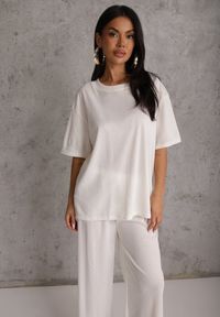 Renee - Biały Oversizowy Komplet Zdobiony Cyrkoniami T-shirt i Spodnie Arnateia. Kolor: biały. Wzór: aplikacja #8