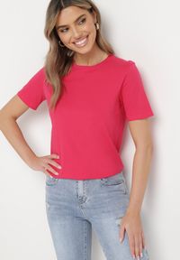 Born2be - Różowy Bawełniany T-shirt o Klasycznym Fasonie Hebea. Kolor: różowy. Materiał: bawełna. Styl: klasyczny #5