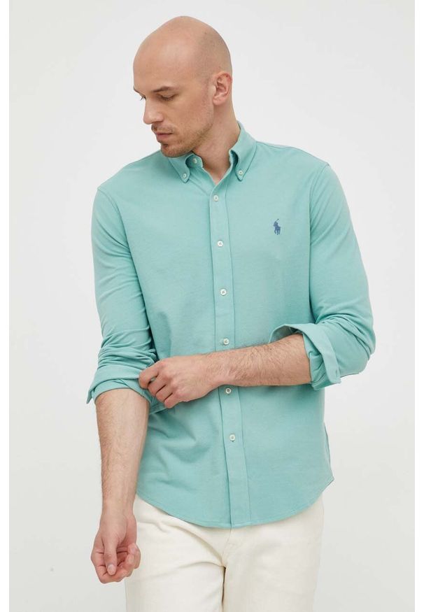 Polo Ralph Lauren koszula bawełniana męska kolor zielony regular z kołnierzykiem button-down. Typ kołnierza: button down, polo. Kolor: zielony. Materiał: bawełna. Długość rękawa: długi rękaw. Długość: długie. Wzór: gładki