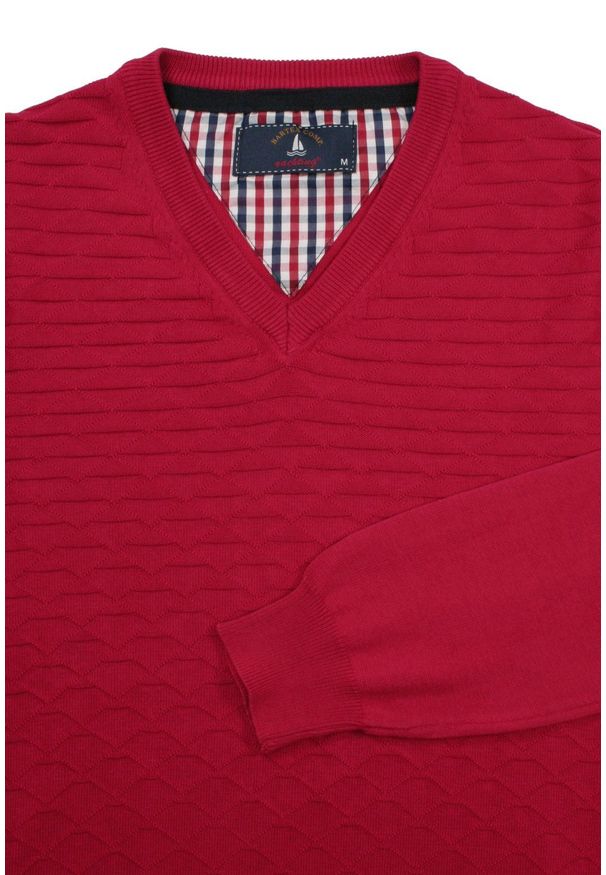 Bartex - Sweter Czerwony w Serek, Bawełniany, Tłoczony Wzór, V-neck, Męski -BARTEX. Okazja: na spotkanie biznesowe, do pracy, na co dzień. Typ kołnierza: dekolt w serek. Kolor: czerwony. Materiał: bawełna. Styl: biznesowy, klasyczny, casual, elegancki