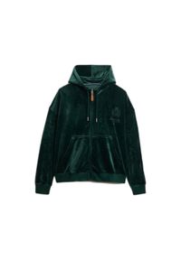 Kurtka dresowa z kapturem, rozpinana, welurowa dla kobiet Superdry Country Club. Typ kołnierza: kaptur. Kolor: zielony. Materiał: welur, dresówka #1