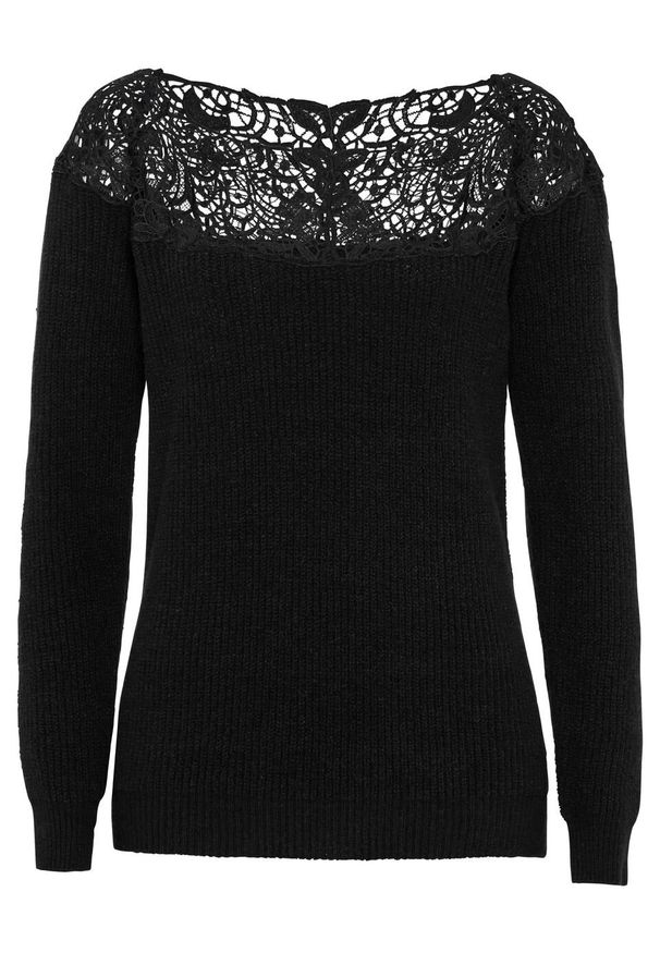 Sweter z koronką bonprix czarny. Kolor: czarny. Materiał: koronka. Wzór: koronka