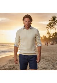 Lekki (Przejściowy) Sweter Męski z Bawełnianej Dzianiny - Pako Jeans - Ecru. Okazja: na spotkanie biznesowe, do pracy. Kolor: brązowy, beżowy, wielokolorowy. Materiał: bawełna. Styl: biznesowy, klasyczny #4