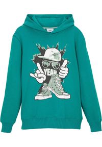 bonprix - Bluza z kapturem z miękkiej mieszanki bawełny. Okazja: na uczelnię. Typ kołnierza: kaptur. Kolor: niebieski. Materiał: bawełna. Wzór: nadruk #1