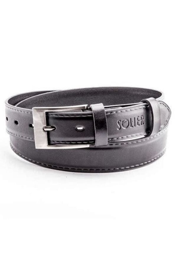 Solier - Skórzany elegancki pasek męski SOLIER SB09 czarny 100 cm. Kolor: czarny. Materiał: skóra. Wzór: aplikacja, paski. Styl: elegancki