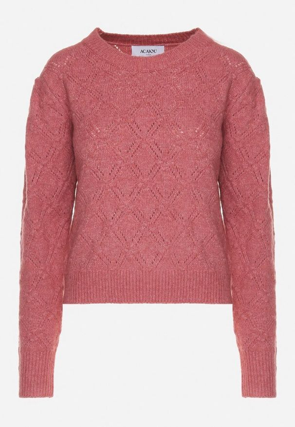 Born2be - Różowy Klasyczny Sweter Ozdobiony Tłoczeniem Derista. Okazja: na co dzień. Kolor: różowy. Materiał: jeans. Wzór: aplikacja. Styl: klasyczny
