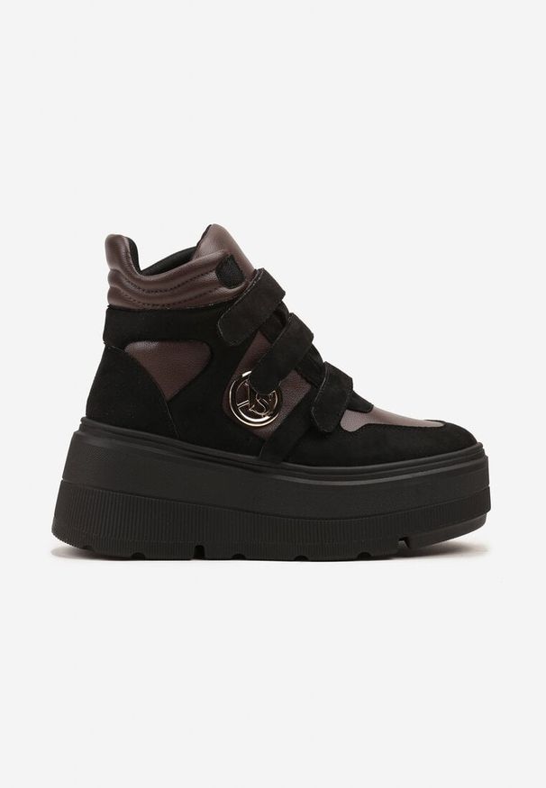 Born2be - Czarno-Brązowe Botki Vices w Stylu Sneakersów na Platformie Afirriva. Okazja: na co dzień. Zapięcie: rzepy. Kolor: czarny. Materiał: jeans. Wzór: aplikacja. Obcas: na platformie. Wysokość obcasa: średni