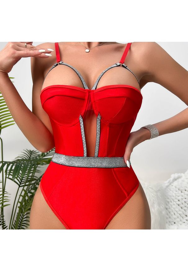 Intica - Body modelujące z ozdobnym pasem taliującym Jorinda. Kolor: czerwony. Materiał: materiał