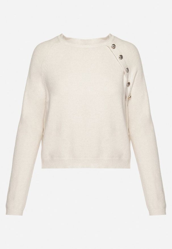 Born2be - Beżowy Sweter z Wiskozą Ozdobiony Guzikami Atinethra. Okazja: na co dzień. Kolor: beżowy. Materiał: wiskoza. Wzór: aplikacja. Styl: klasyczny, elegancki, casual