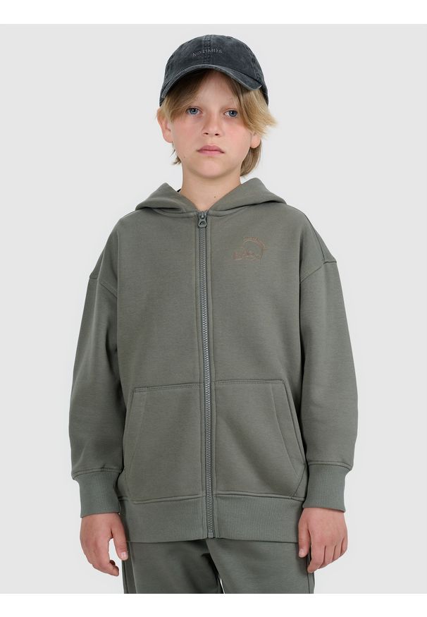 4f - 4F Bluza dresowa rozpinana z kapturem chłopięca - szara 140 (9-10 lat). Okazja: na co dzień. Typ kołnierza: kaptur. Kolor: szary. Materiał: dresówka. Wzór: gładki, nadruk. Sezon: lato. Styl: casual, klasyczny, sportowy
