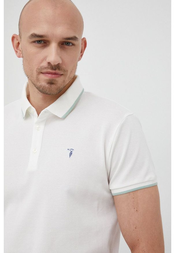 Trussardi Jeans - Trussardi polo bawełniane kolor beżowy gładki. Typ kołnierza: polo. Kolor: beżowy. Materiał: bawełna. Długość: krótkie. Wzór: gładki