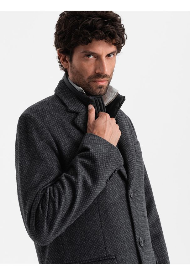 Ombre Clothing - Długi rozpinany męski płaszcz z wełną – grafitowy V2. Kolor: szary. Materiał: wełna. Długość: długie. Sezon: zima. Styl: elegancki