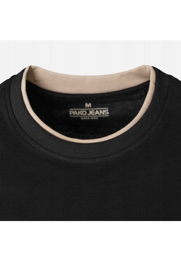 Jednokolorowa Koszulka z Lamówką - Pako Jeans - Czarny. Okazja: na co dzień. Kolor: czarny. Materiał: bawełna. Styl: casual