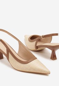 Renee - Beżowe Plecione Sandały Slingback na Obcasie Typu Kaczuszka Kosenela. Okazja: na co dzień, na spotkanie biznesowe, do pracy. Nosek buta: szpiczasty. Kolor: beżowy. Obcas: na obcasie. Styl: biznesowy, elegancki, casual. Wysokość obcasa: średni