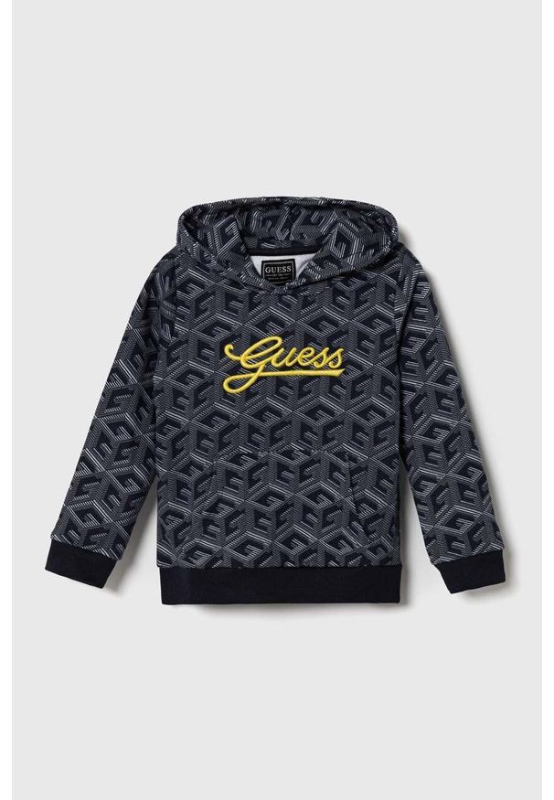 Guess bluza bawełniana dziecięca kolor granatowy z kapturem wzorzysta. Typ kołnierza: kaptur. Kolor: niebieski. Materiał: bawełna. Wzór: aplikacja