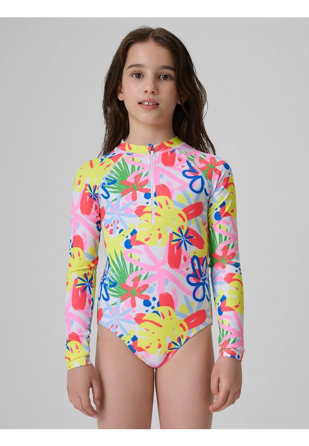 4f - 4F Kostium kąpielowy jednoczęściowy dziewczęcy - multikolor 122/128 (6-8 lat). Kolor: wielokolorowy. Materiał: materiał, skóra