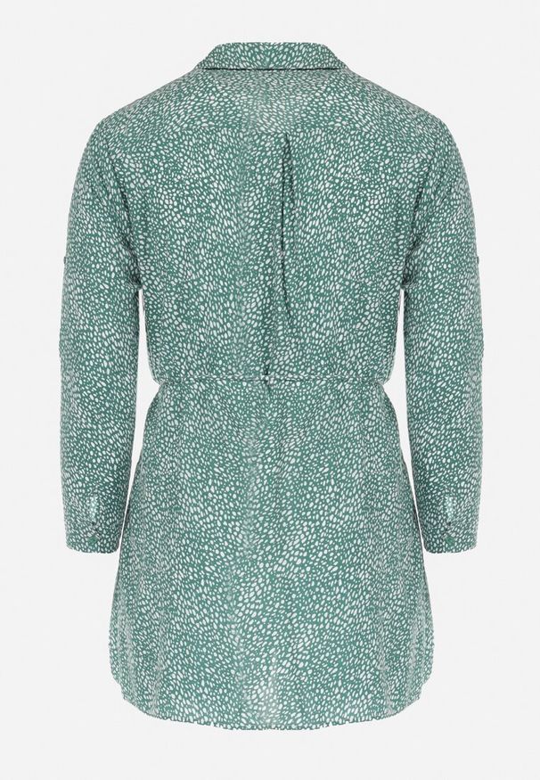 Born2be - Zielona Koszulowa Sukienka Mini z Materiałowym Paskiem i Podpinanymi Rękawami Eleandia. Kolekcja: plus size. Kolor: zielony. Materiał: materiał. Wzór: kwiaty. Sezon: lato, wiosna. Typ sukienki: koszulowe. Długość: mini