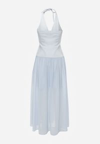 Renee - Niebieska Sukienka z Dekoltem Halter i Ozodbymi Guzikami z Przodu Nesia. Typ kołnierza: dekolt halter. Kolor: niebieski #5