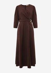 Renee - Brązowa Elegancka Sukienka o Kopertowym Kroju Zdobiona Aplikacją w Talii Zilendra. Kolor: brązowy. Wzór: aplikacja. Typ sukienki: kopertowe. Styl: elegancki #7