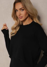 Renee - Czarny Sweterkowy Komplet z Wiskozą z Dopasowaną Sukienką i Swetrem z Krótszym Dołem Rinmara. Kolor: czarny. Materiał: wiskoza