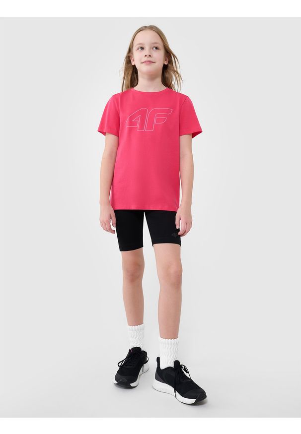 4f - 4F T-shirt regular z nadrukiem dziewczęcy - różowy 146 (10-11 lat). Okazja: na co dzień. Kolor: różowy. Materiał: dzianina, bawełna, jersey. Długość rękawa: krótki rękaw. Długość: krótkie. Wzór: nadruk. Sezon: lato. Styl: klasyczny, sportowy, casual