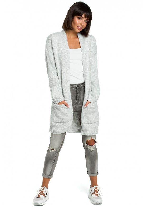 BE Knit - Długi melanżowy sweter kardigan z kieszeniami bez zapięcia. Materiał: jeans, dzianina, materiał, akryl. Długość rękawa: długi rękaw. Długość: długie. Wzór: melanż