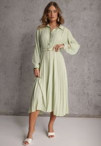 Renee - Zielona Koszulowa Sukienka z Plisowanymi Zdobieniami i Paskiem z Klamrą Efrivelle. Okazja: na co dzień. Kolor: zielony. Długość rękawa: długi rękaw. Wzór: aplikacja. Typ sukienki: koszulowe. Styl: casual, elegancki, klasyczny #5