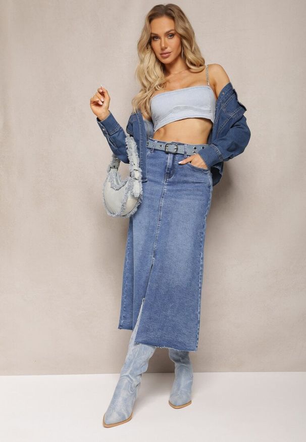 Renee - Niebieska Spódnica Maxi z Rozcięciem z Jeansu Vonuline. Stan: podwyższony. Kolor: niebieski. Materiał: jeans. Styl: sportowy, elegancki