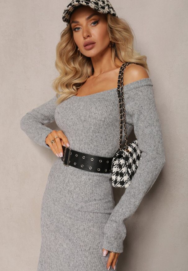 Renee - Szara Sukienka Midi z Prążkowanej Dzianiny Kires. Kolor: szary. Materiał: dzianina, prążkowany. Długość: midi